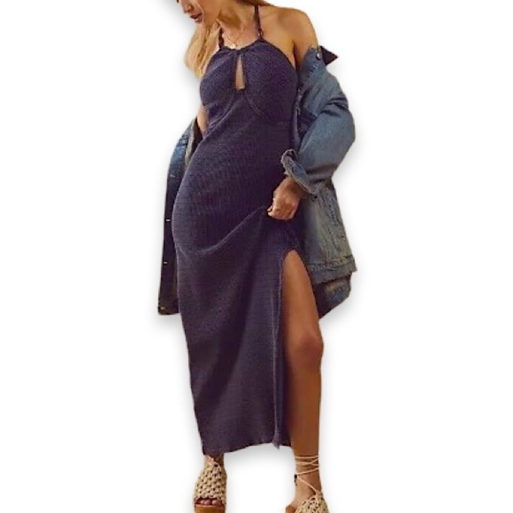 NWOT Free People Women’s Navy Blue Terra Striped Halter Maxi Drss Size Medium